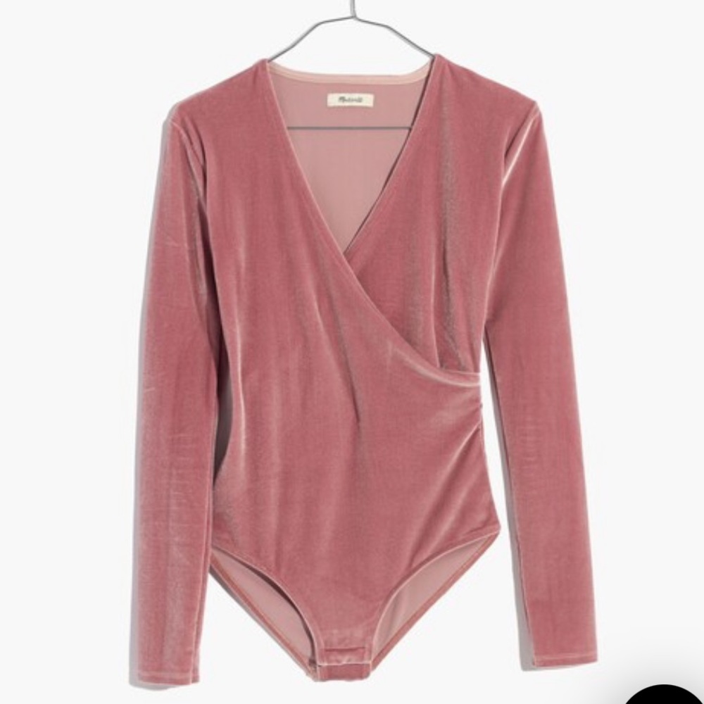 Madewell Velvet Long Sleeve Wrap Front Bodysuit in Blush Pink, Size XS NWOT